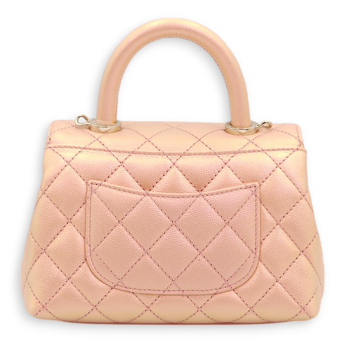 Quilted CoCo Mini Pink Iridescent Top Handle Bag in Caviar Leather, 3-Tone hardware