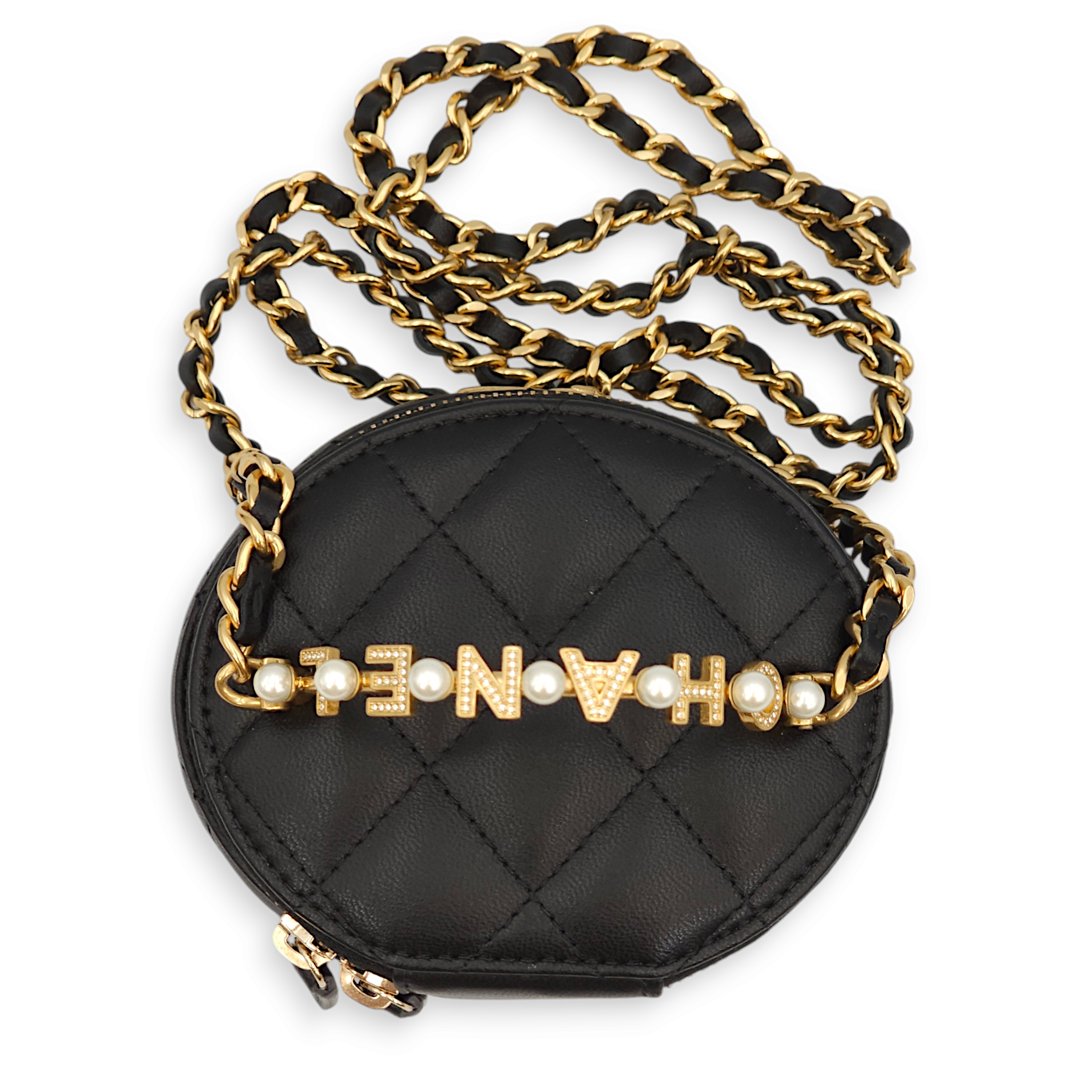 Round Vanity Logo/Pearl Black Top Handle Bag in Lambskin, Gold hardware