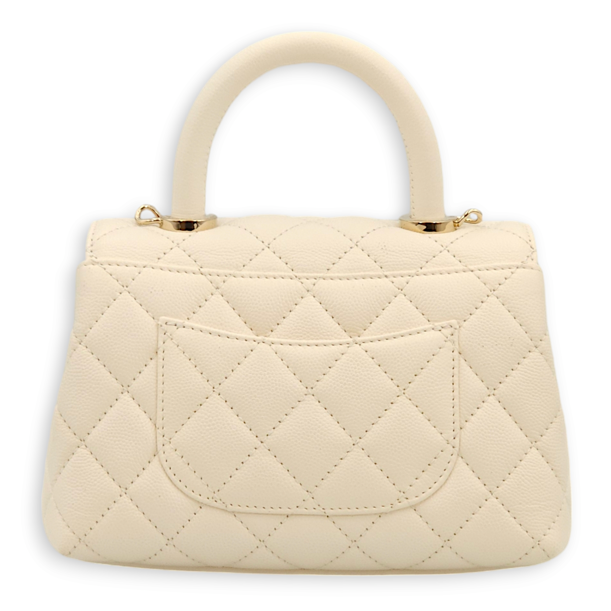 Quilted Coco Mini White Top Handle Bag in Caviar Leather, Gold hardware