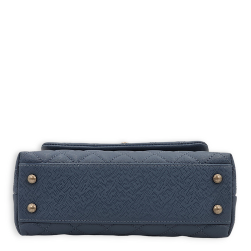 Quilted CoCo Small Blue Top Handle Bag in Caviar Leather, Ruthenium hardware