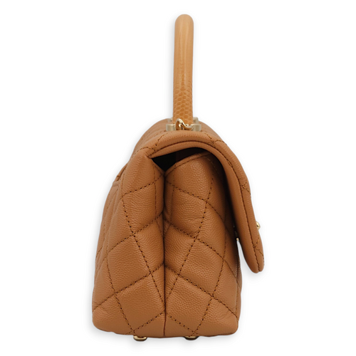 Quilted CoCo Mini Caramel Top Handle Bag in Caviar Leather, Gold hardware