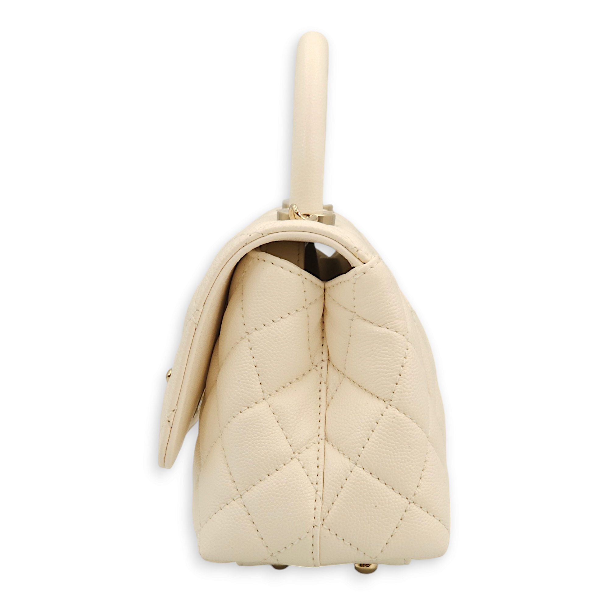 Quilted Coco Mini White Top Handle Bag in Caviar Leather, Gold hardware