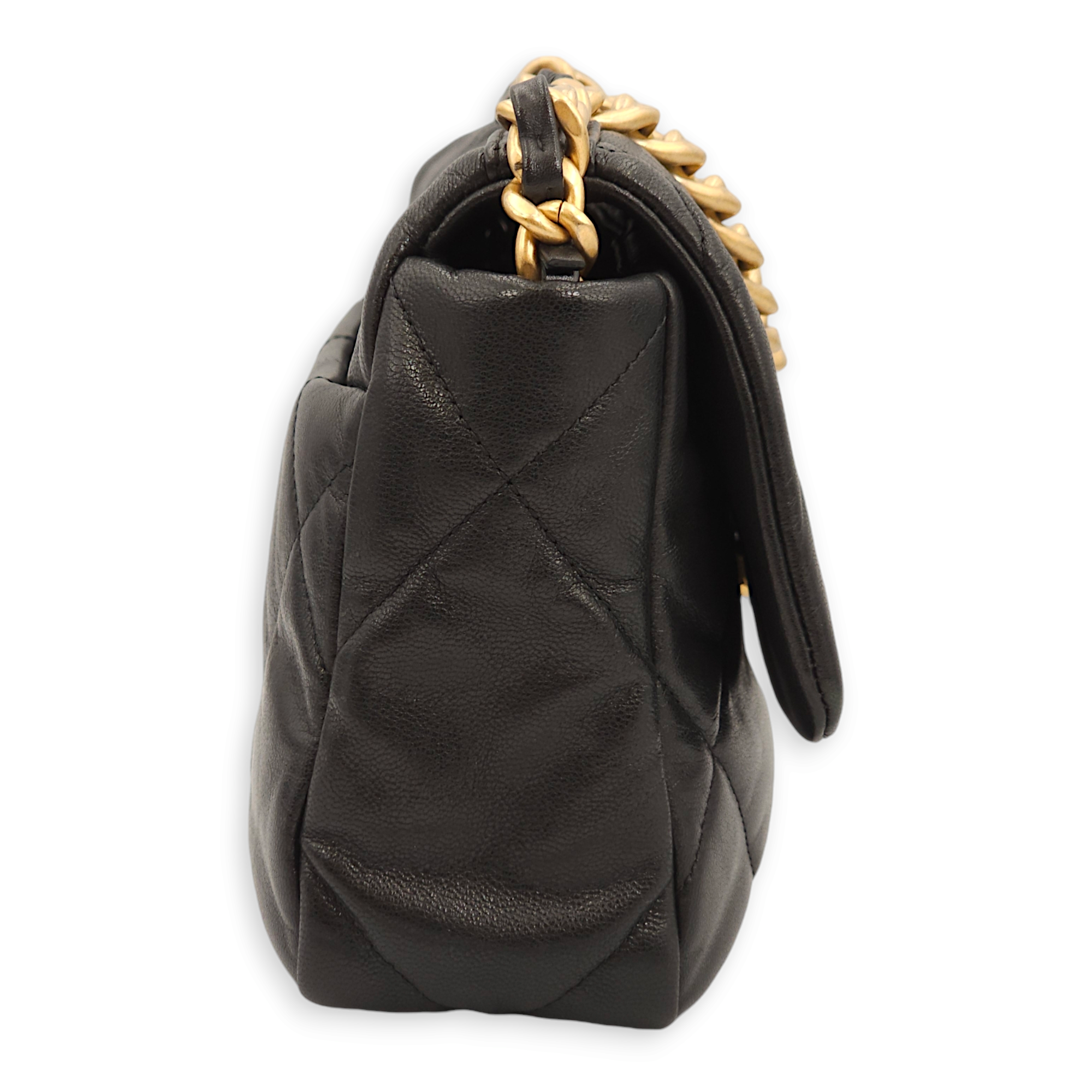 S19 Flap Small Black Shoulder Bag in Goat Leather, 3-Tone hardware