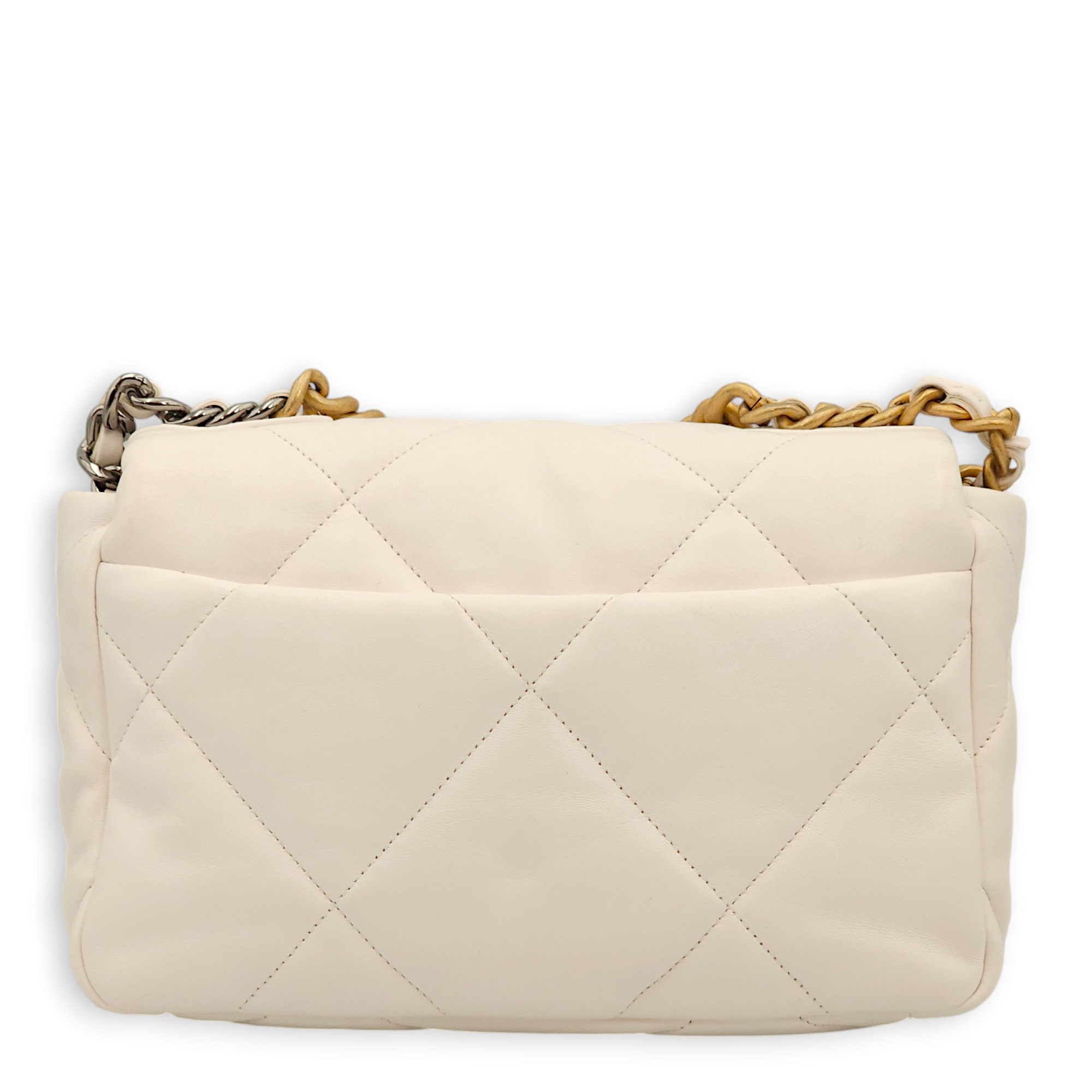 S19 Flap Small White Shoulder Bag in Lambskin, 3-Tone hardware