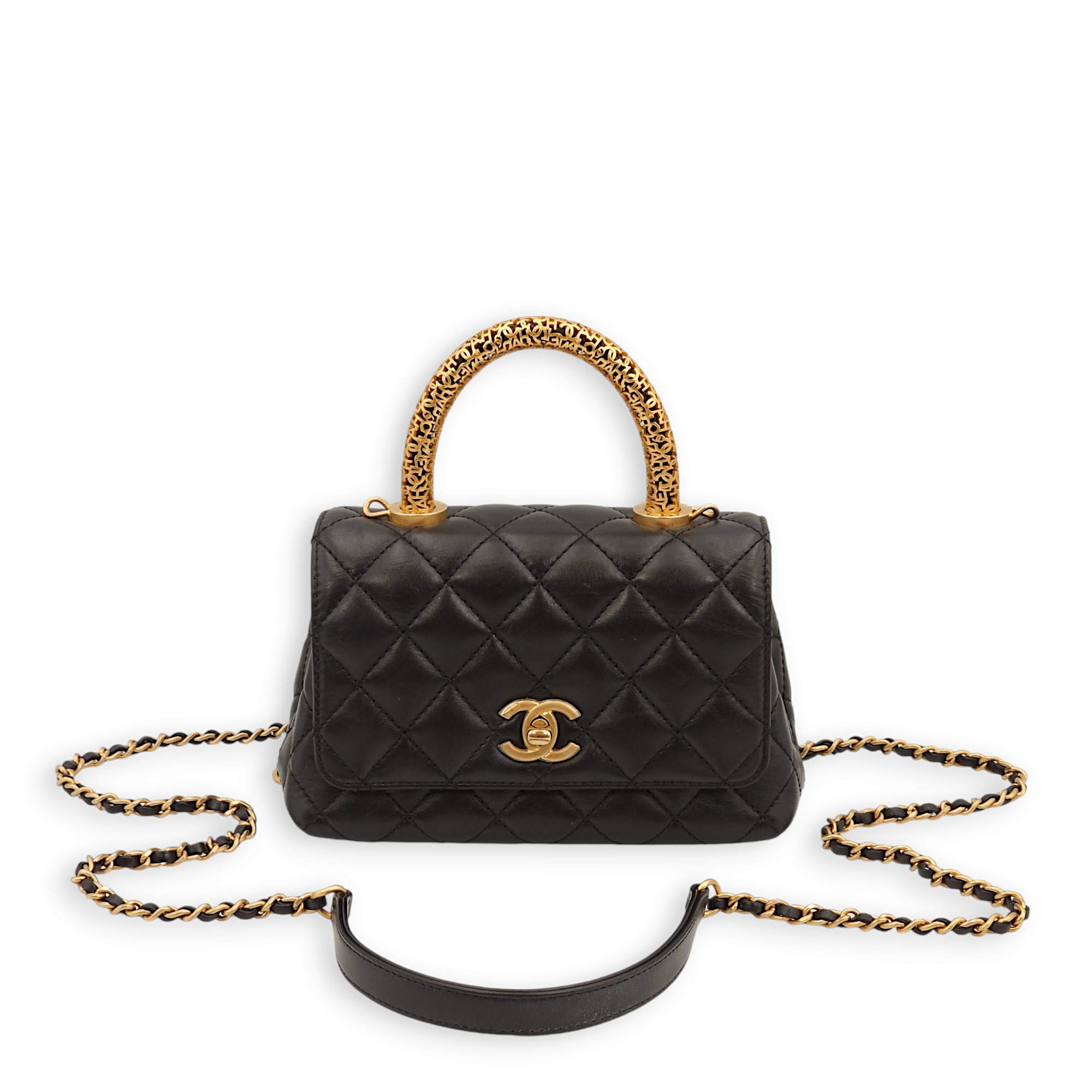 Quilted Coco Mini Black Top Handle Bag in Calfskin, Gold hardware