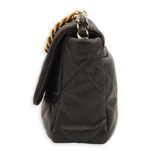 S19 Flap Small Black Shoulder Bag in Goat Leather, 3-Tone hardware