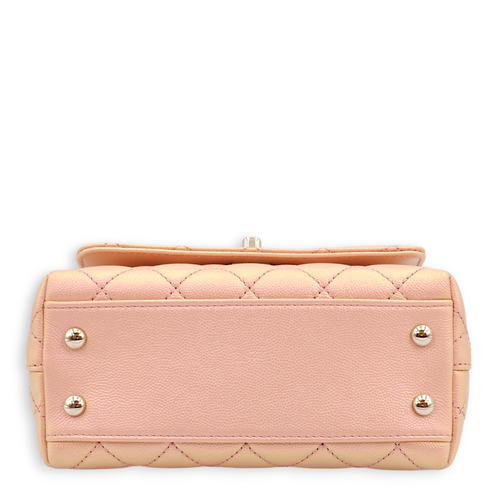 Quilted CoCo Mini Pink Iridescent Top Handle Bag in Caviar Leather, 3-Tone hardware