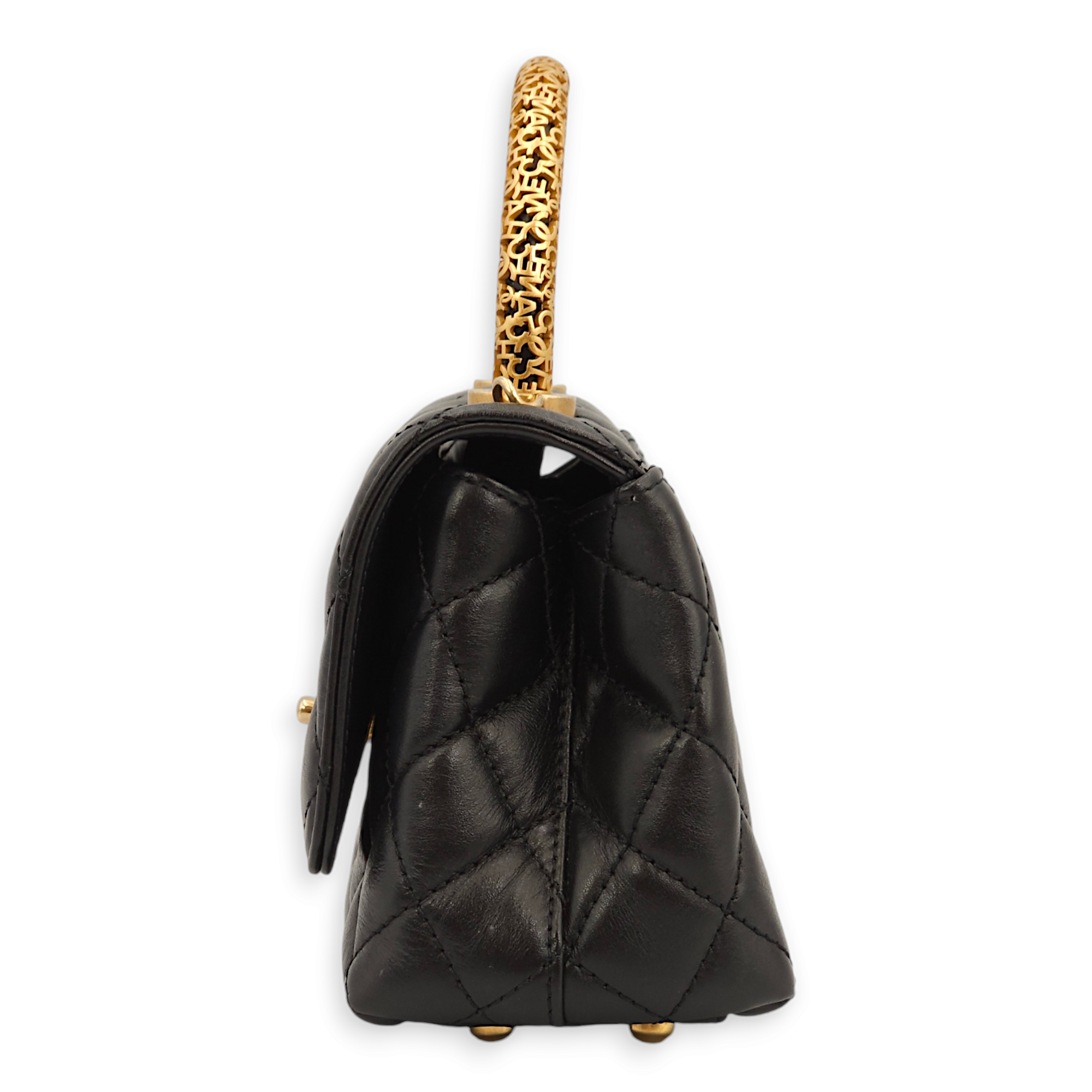 Quilted Coco Mini Black Top Handle Bag in Calfskin, Gold hardware