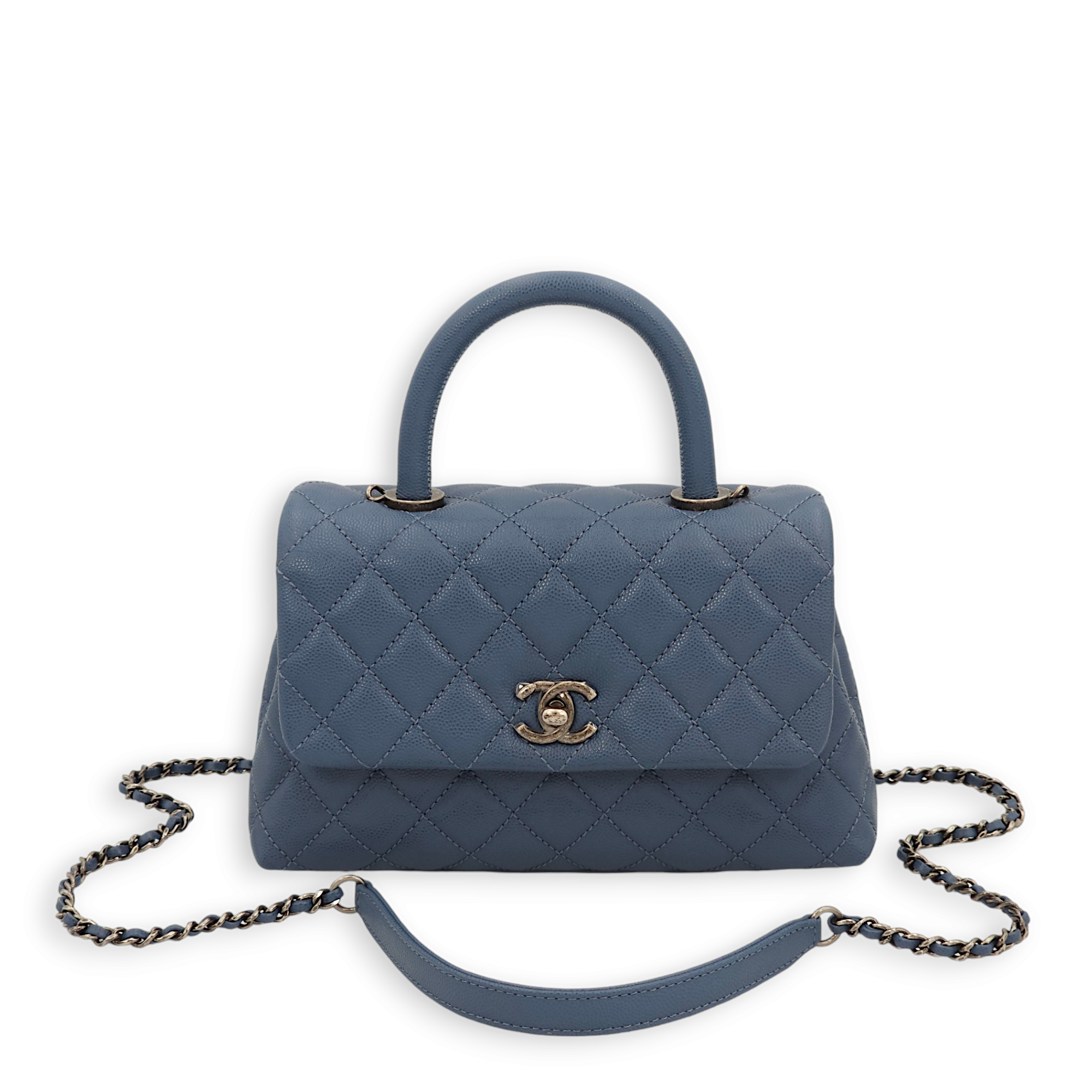 Quilted CoCo Small Blue Top Handle Bag in Caviar Leather, Ruthenium hardware