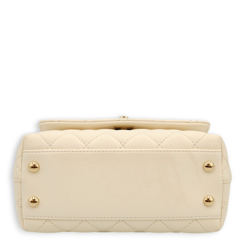 Quilted Coco Mini White Top Handle Bag in Caviar Leather, Gold hardware