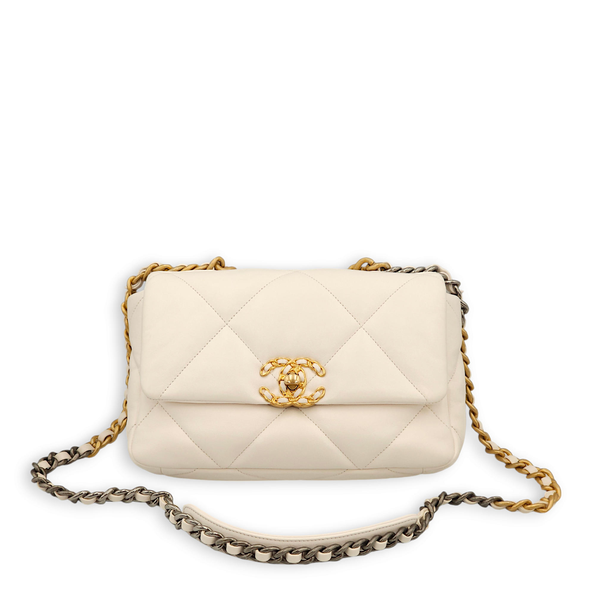 S19 Flap Small White Shoulder Bag in Lambskin, 3-Tone hardware