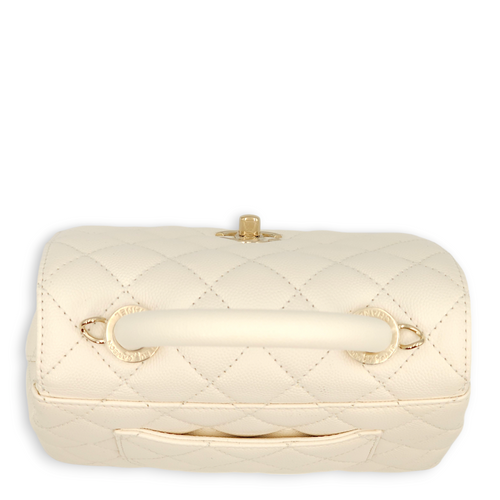 Quilted Coco Mini White Top Handle Bag in Caviar Leather, Gold hardware