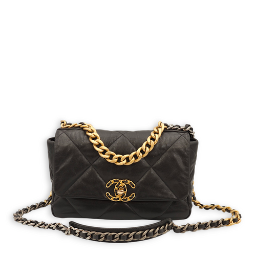 S19 Flap Small Black Shoulder Bag in Goat Leather, 3-Tone hardware