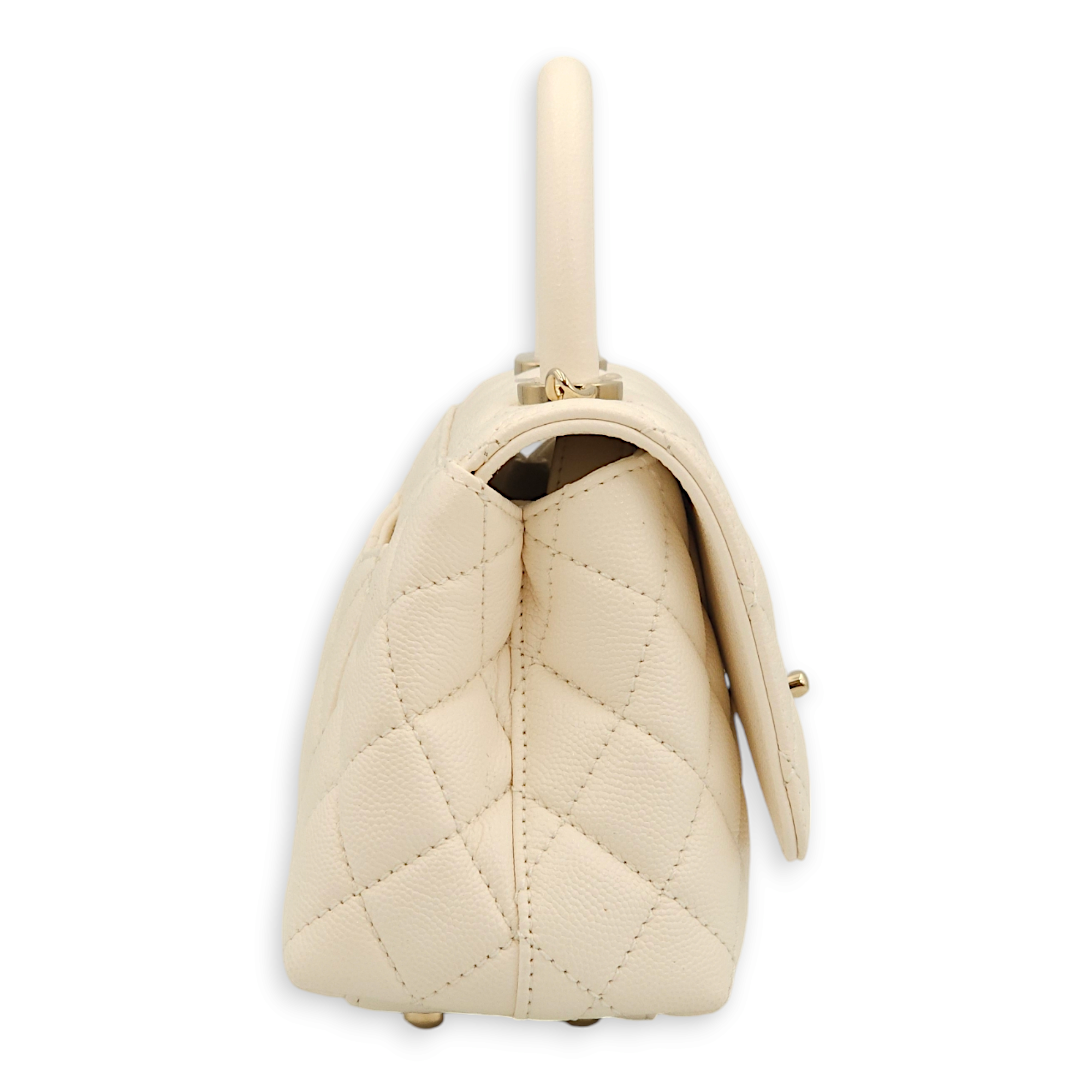 Quilted Coco Mini White Top Handle Bag in Caviar Leather, Gold hardware