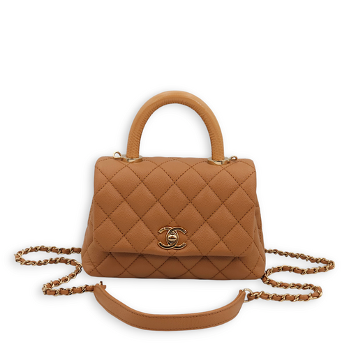 Quilted CoCo Mini Caramel Top Handle Bag in Caviar Leather, Gold hardware