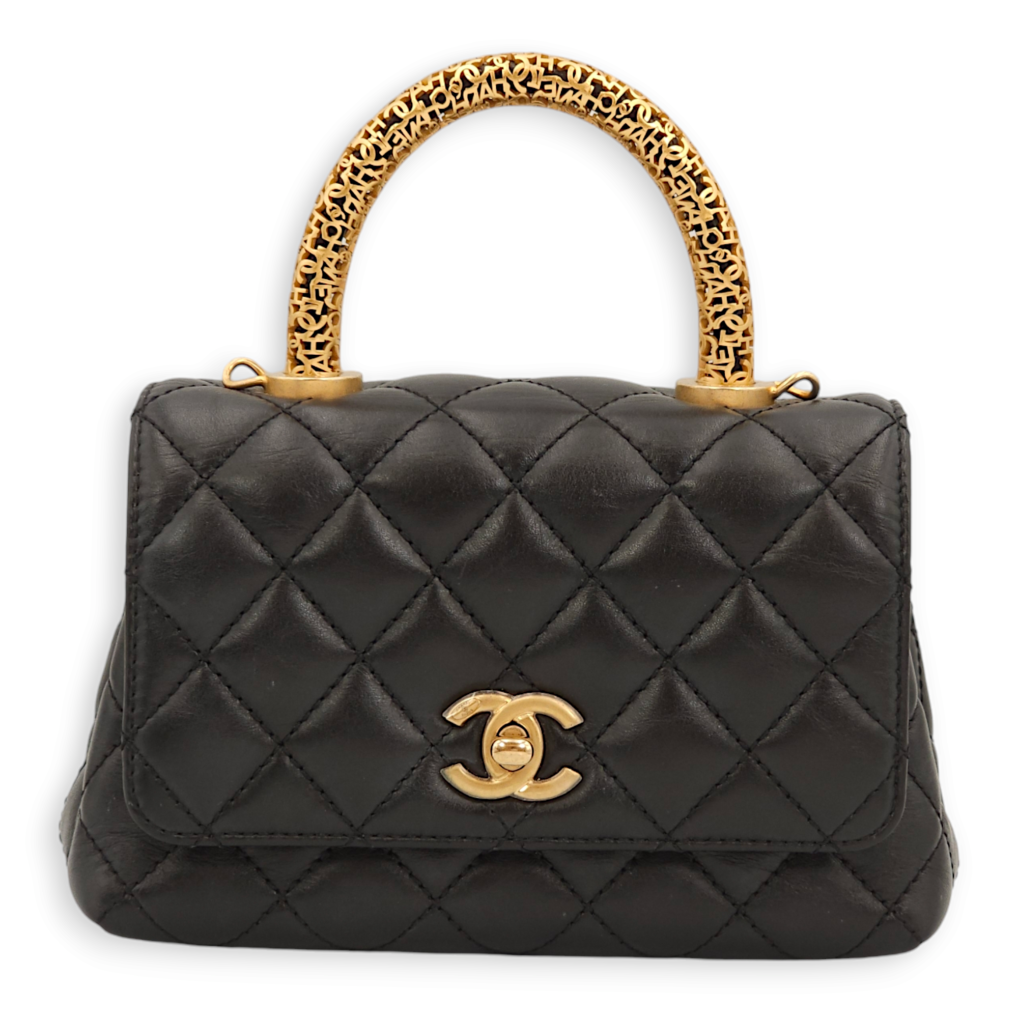 Quilted Coco Mini Black Top Handle Bag in Calfskin, Gold hardware