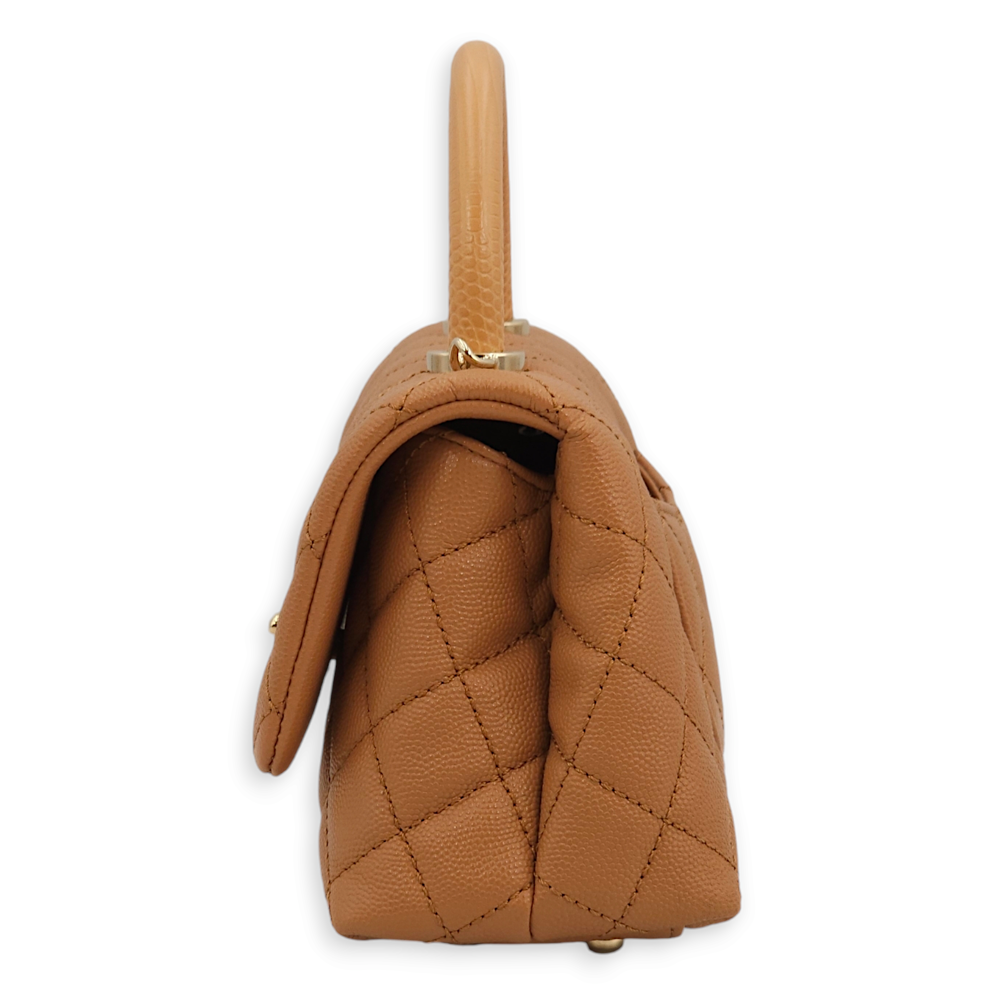 Quilted CoCo Mini Caramel Top Handle Bag in Caviar Leather, Gold hardware