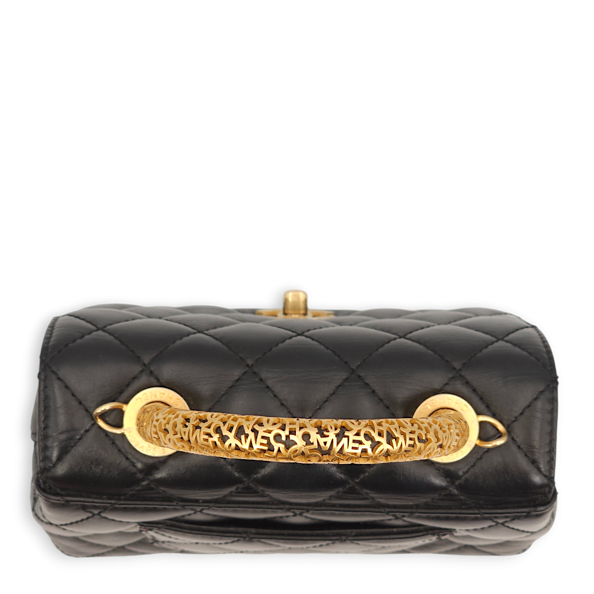 Quilted Coco Mini Black Top Handle Bag in Calfskin, Gold hardware