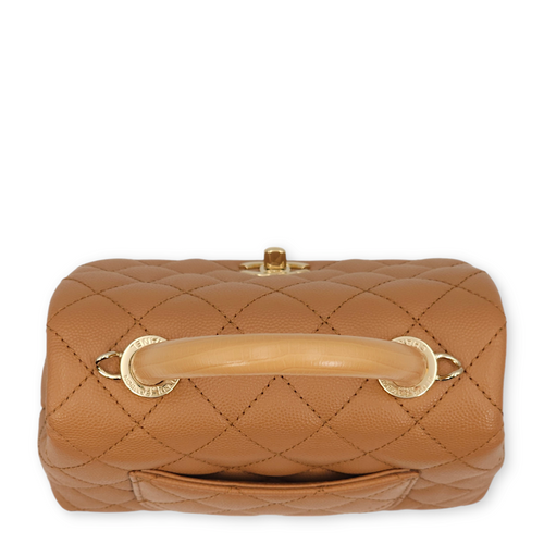 Quilted CoCo Mini Caramel Top Handle Bag in Caviar Leather, Gold hardware