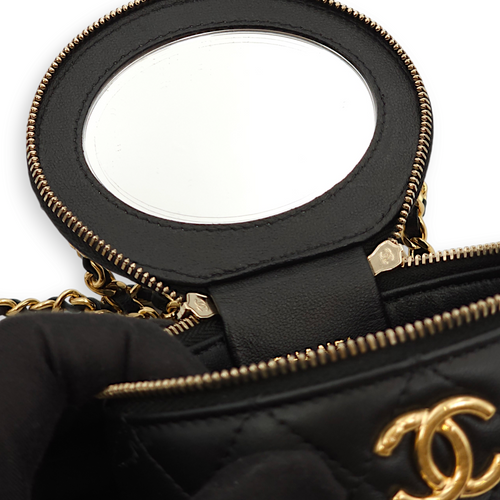 Round Vanity Logo/Pearl Black Top Handle Bag in Lambskin, Gold hardware