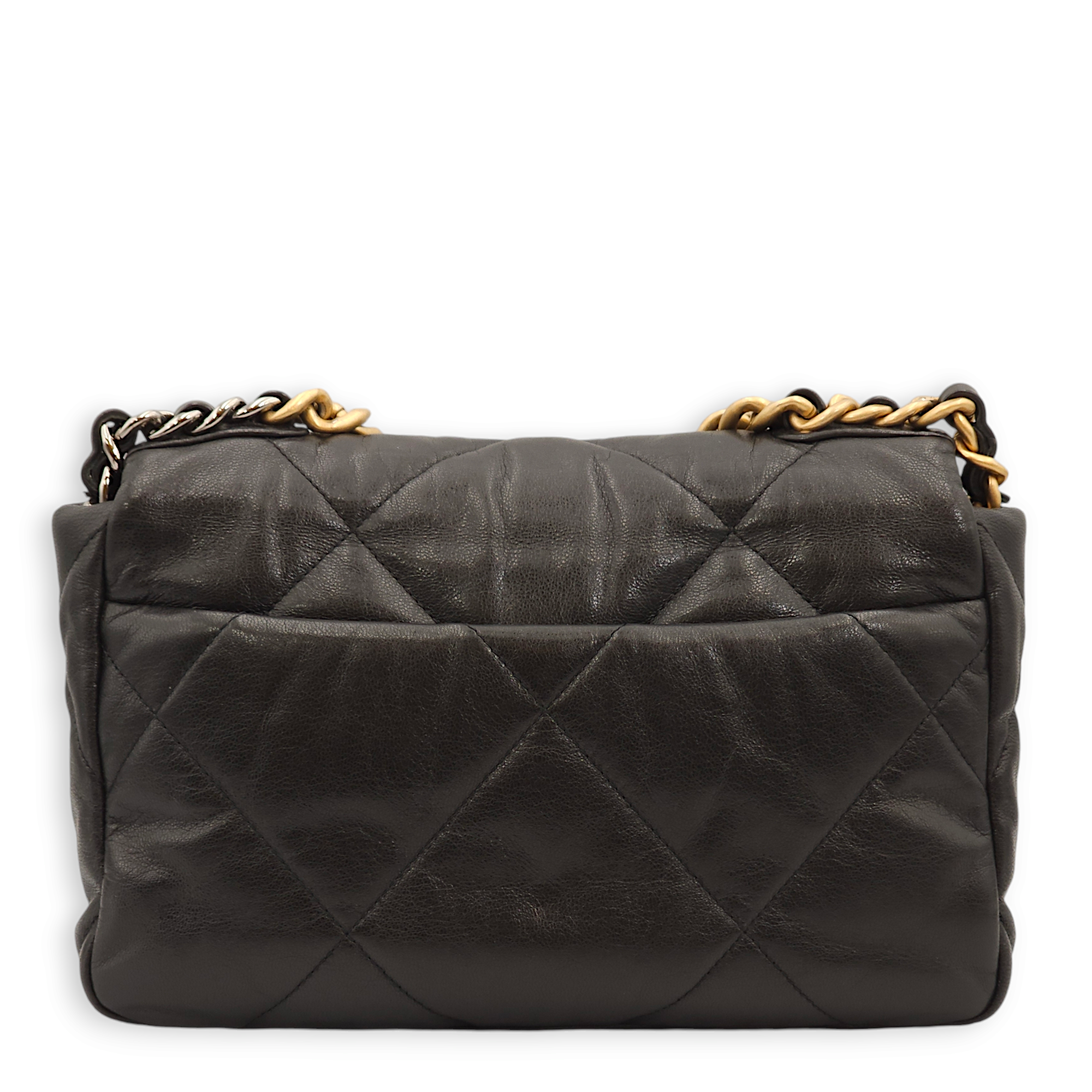 S19 Flap Small Black Shoulder Bag in Goat Leather, 3-Tone hardware