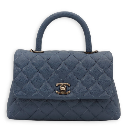 Quilted CoCo Small Blue Top Handle Bag in Caviar Leather, Ruthenium hardware