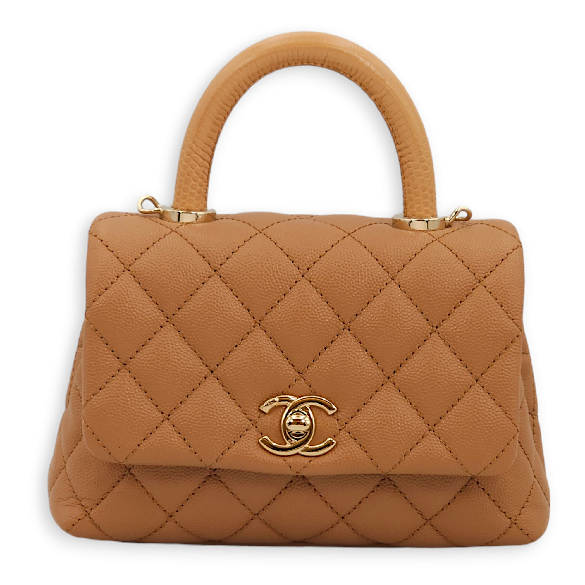 Quilted CoCo Mini Caramel Top Handle Bag in Caviar Leather, Gold hardware