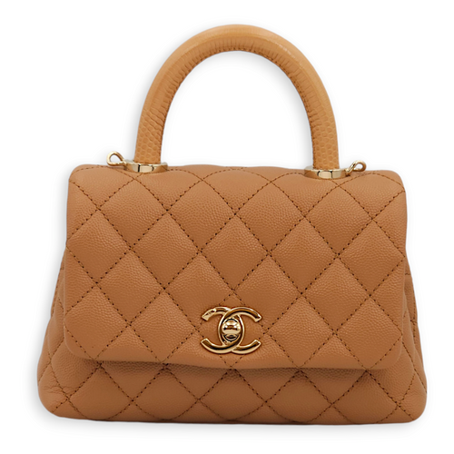 Quilted CoCo Mini Caramel Top Handle Bag in Caviar Leather, Gold hardware