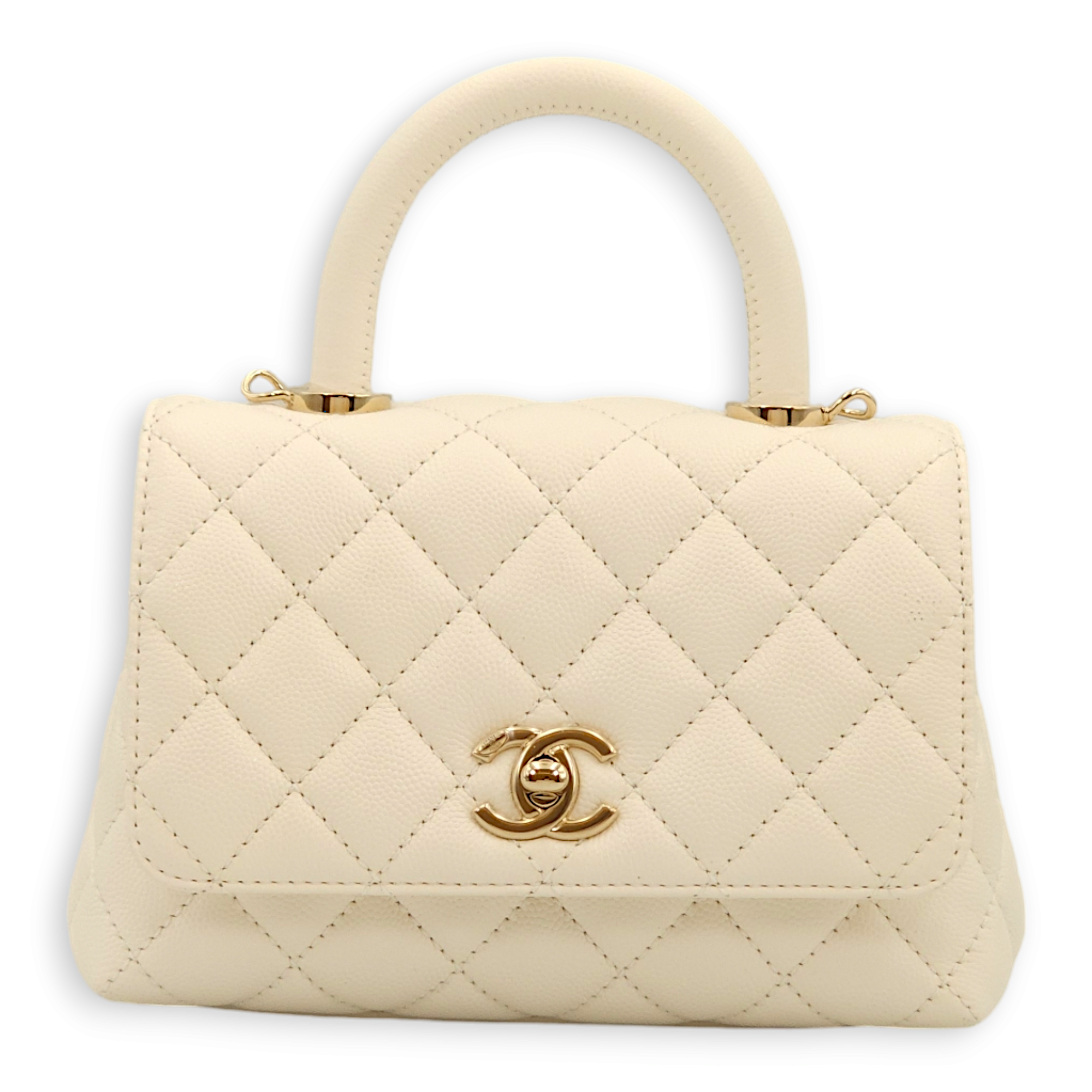 Quilted Coco Mini White Top Handle Bag in Caviar Leather, Gold hardware