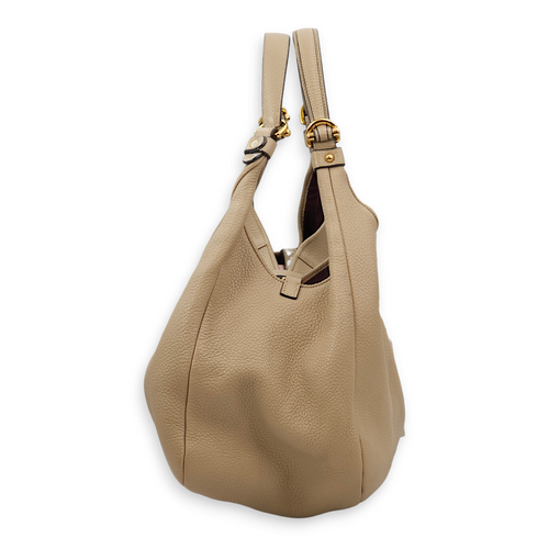 Calle Padlock Hobo Beige Shoulder Bag in Calfskin, Gold hardware