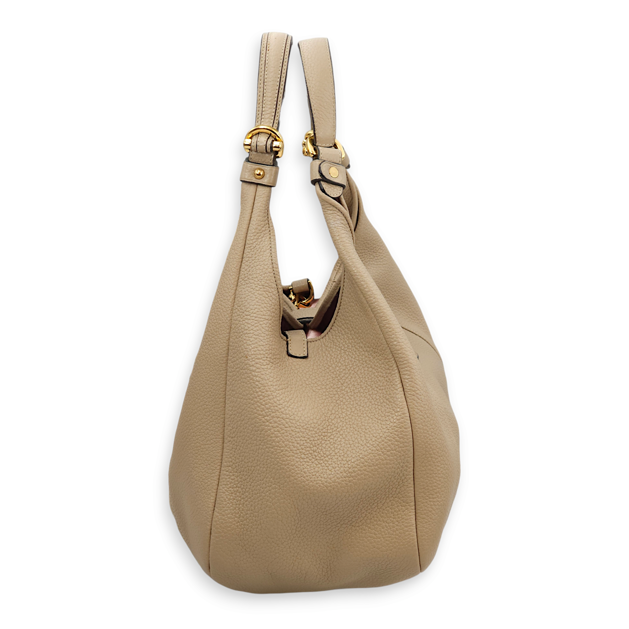 Calle Padlock Hobo Beige Shoulder Bag in Calfskin, Gold hardware