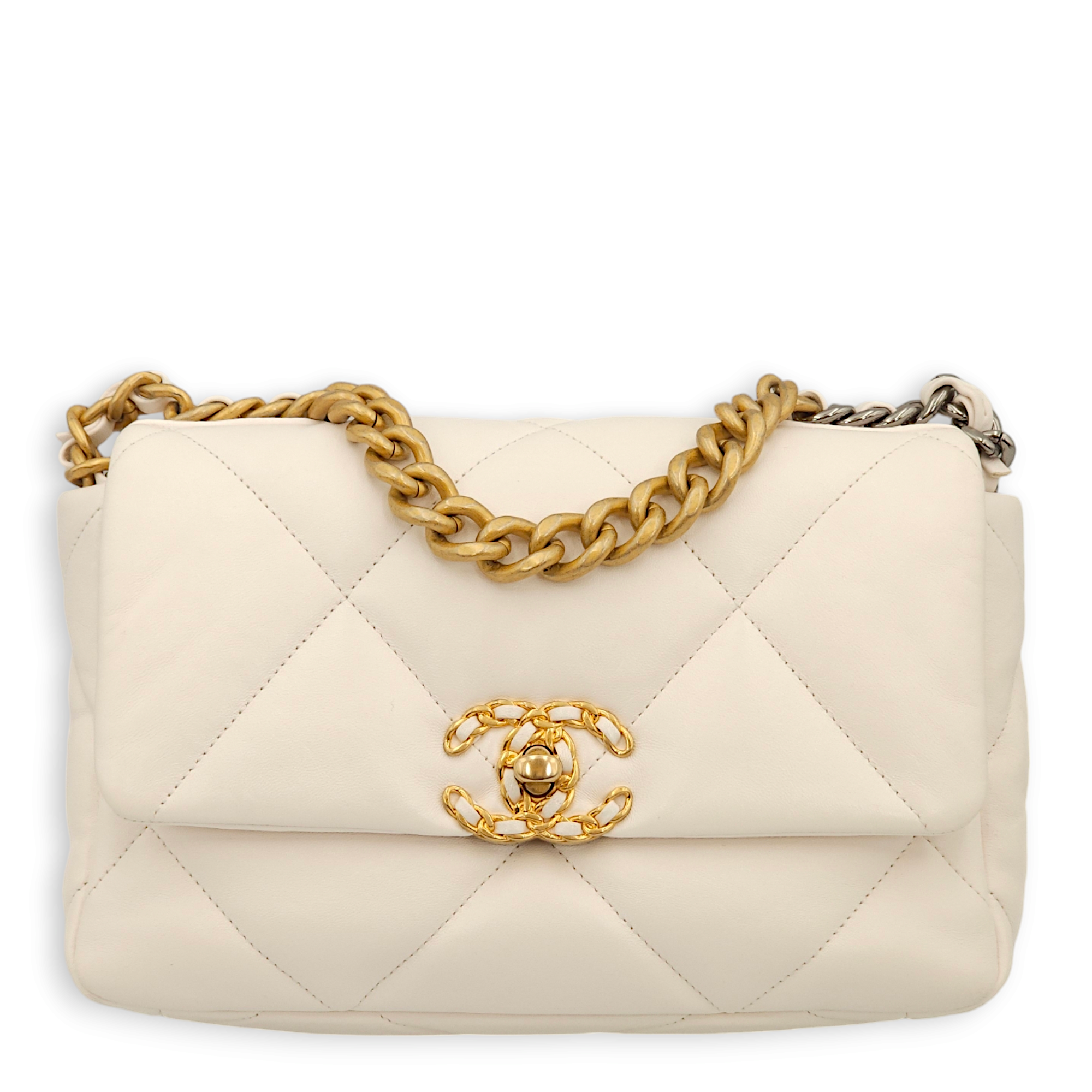 S19 Flap Small White Shoulder Bag in Lambskin, 3-Tone hardware