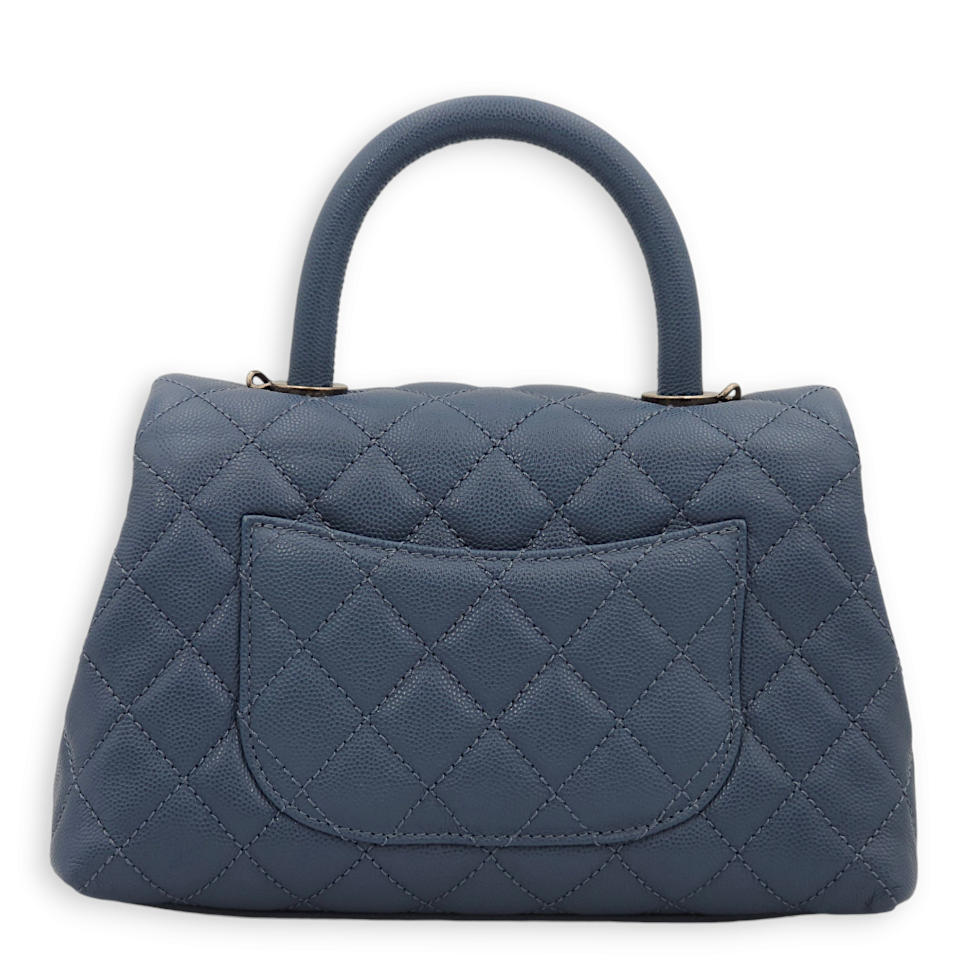 Quilted CoCo Small Blue Top Handle Bag in Caviar Leather, Ruthenium hardware