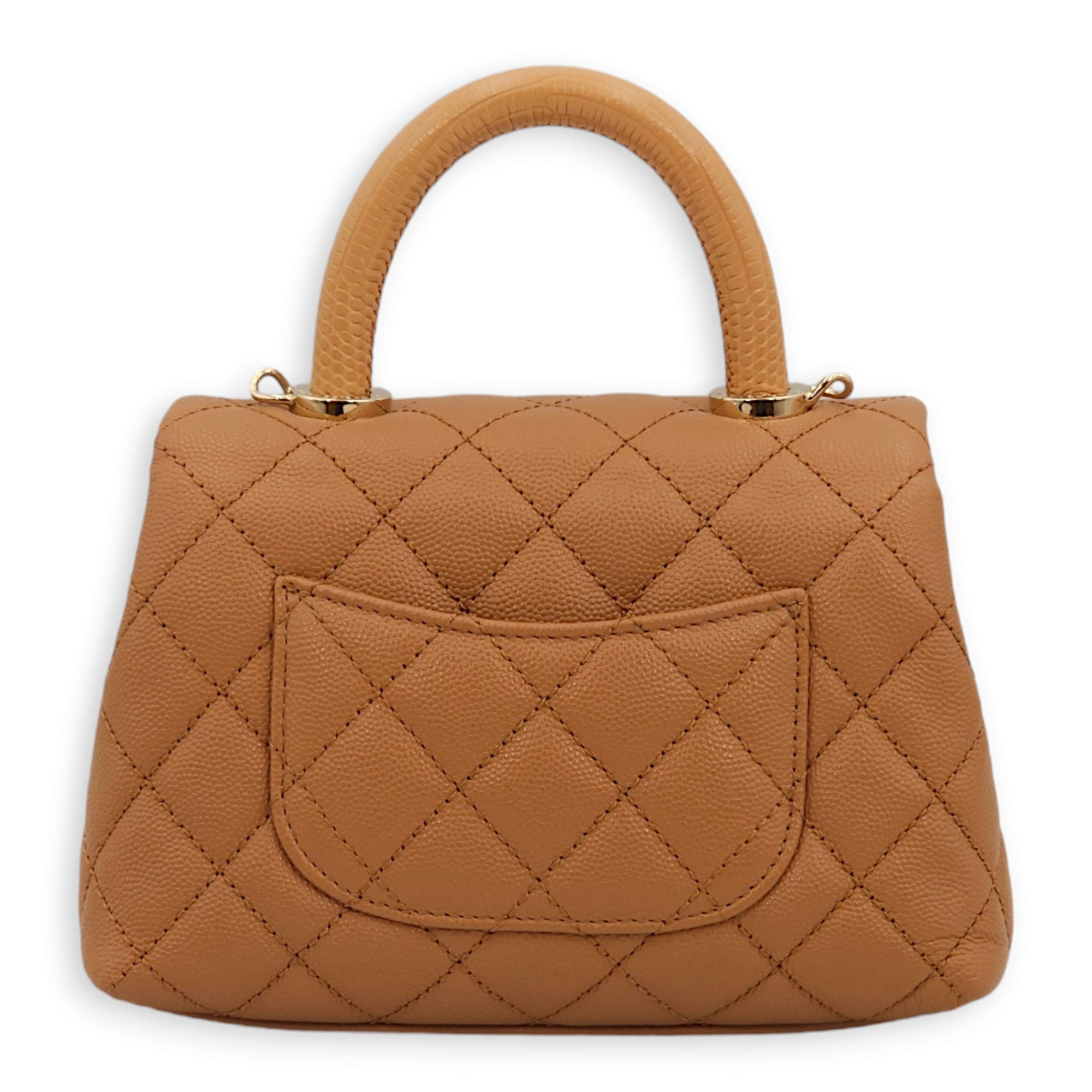 Quilted CoCo Mini Caramel Top Handle Bag in Caviar Leather, Gold hardware