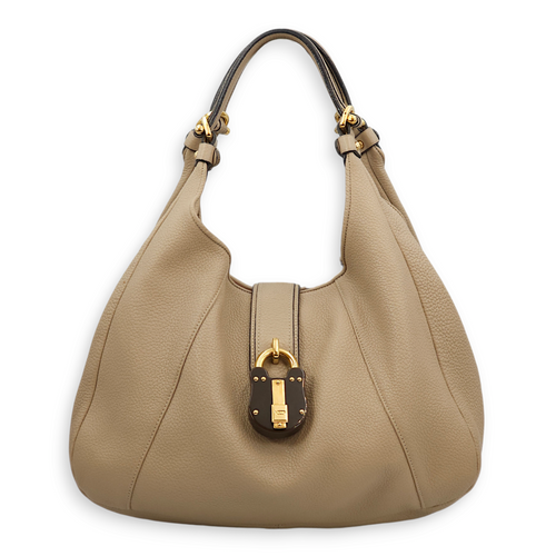 Calle Padlock Hobo Beige Shoulder Bag in Calfskin, Gold hardware