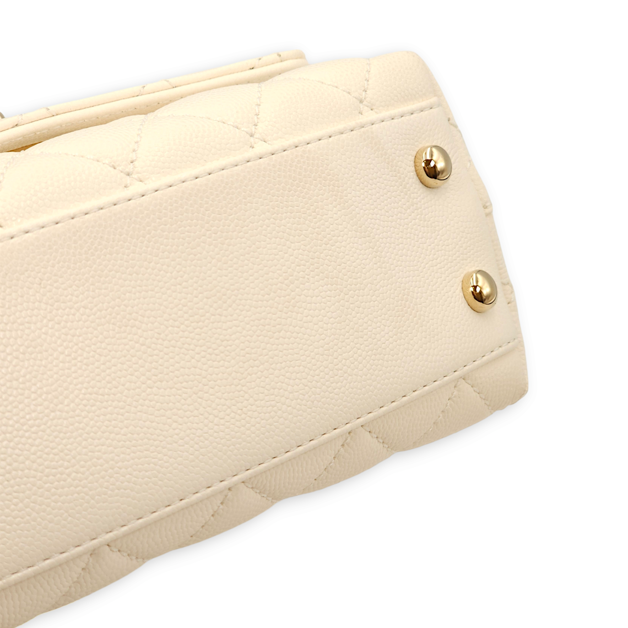 Quilted Coco Mini White Top Handle Bag in Caviar Leather, Gold hardware