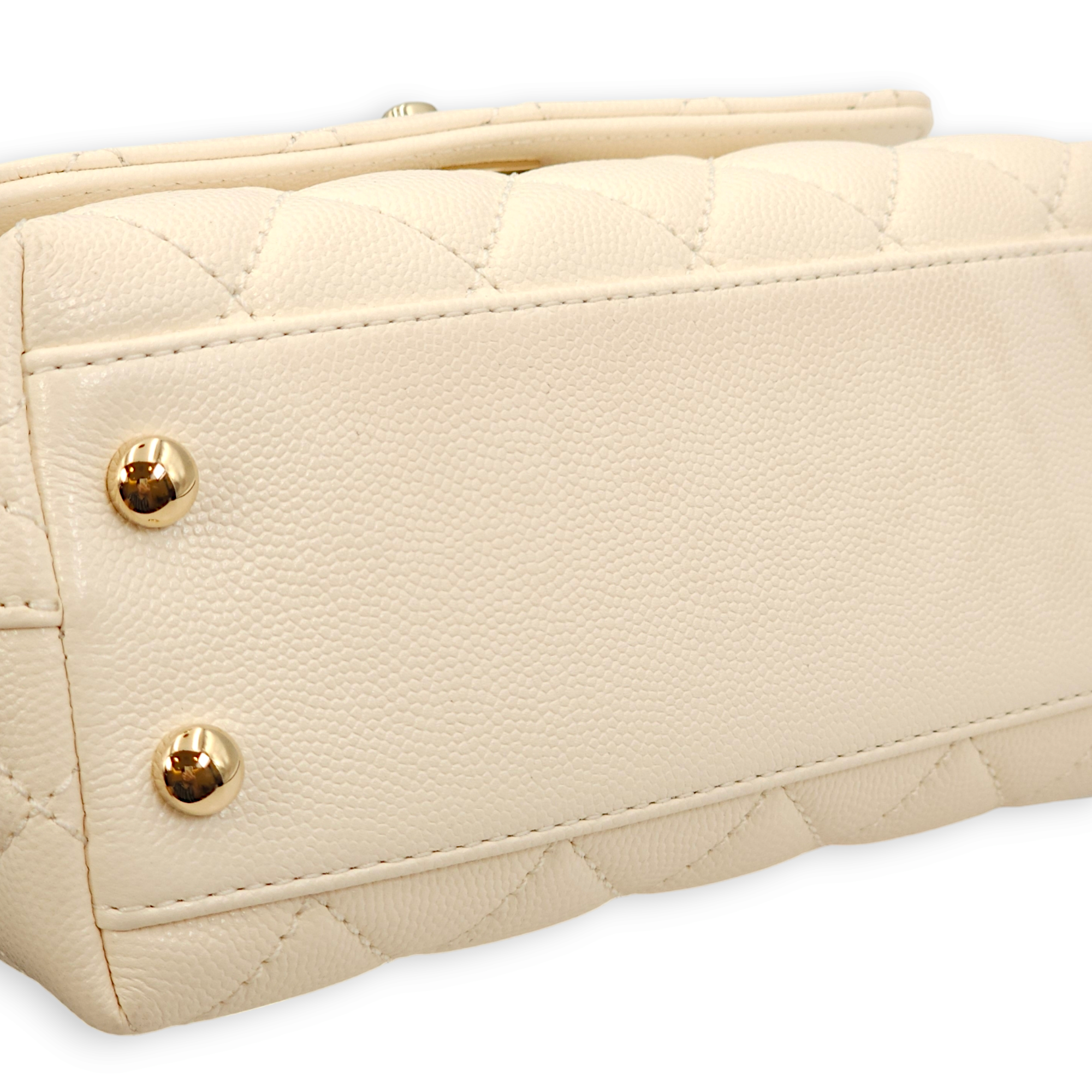 Quilted Coco Mini White Top Handle Bag in Caviar Leather, Gold hardware