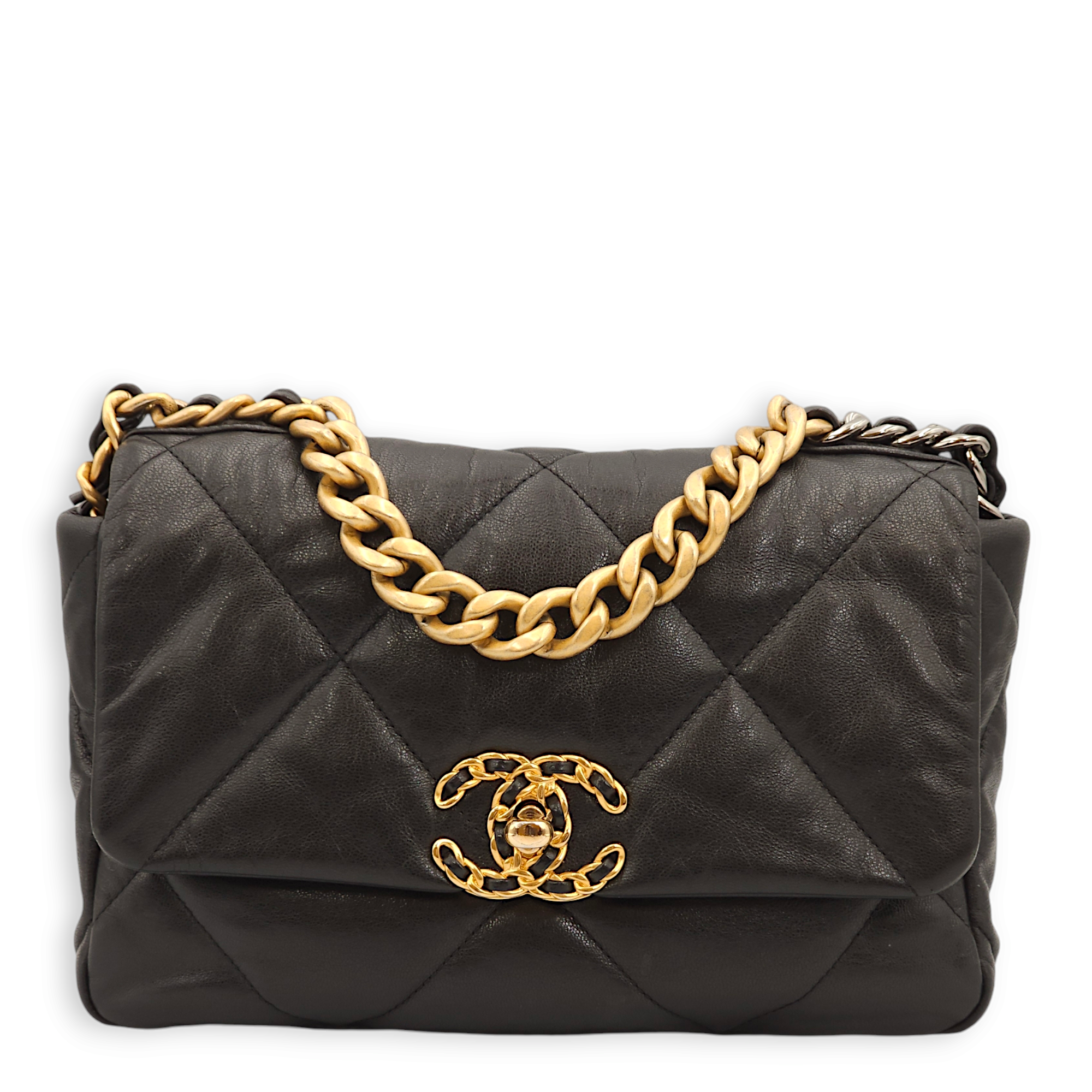 S19 Flap Small Black Shoulder Bag in Goat Leather, 3-Tone hardware