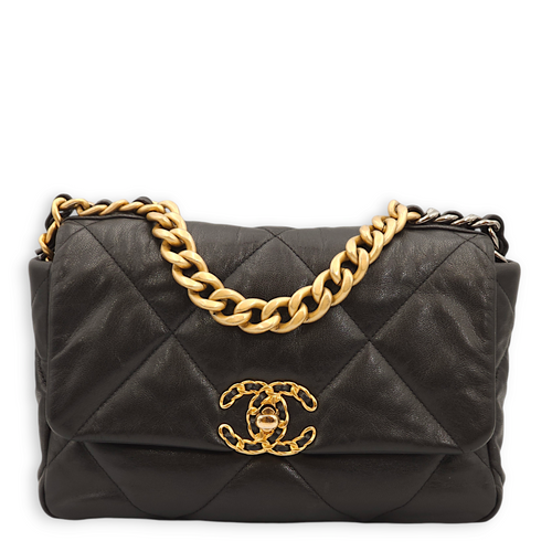 S19 Flap Small Black Shoulder Bag in Goat Leather, 3-Tone hardware