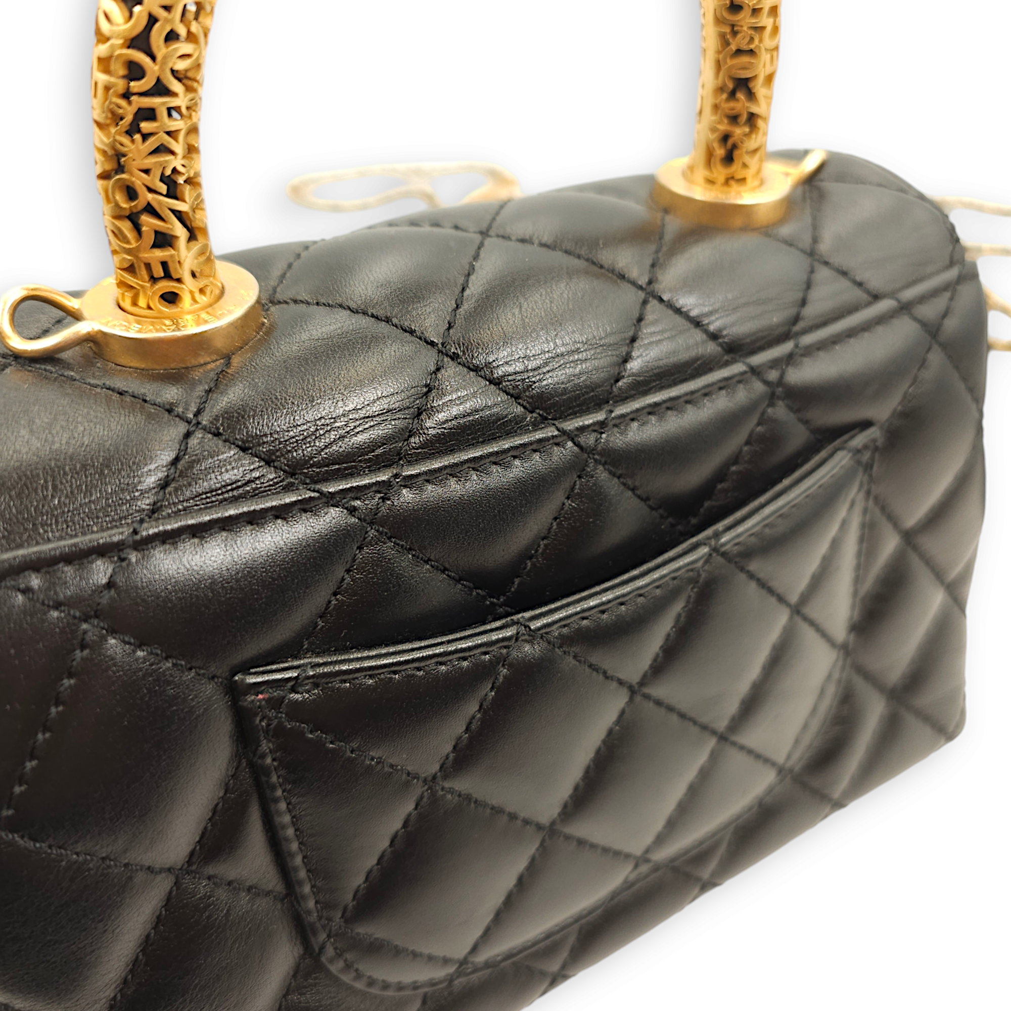 Quilted Coco Mini Black Top Handle Bag in Calfskin, Gold hardware