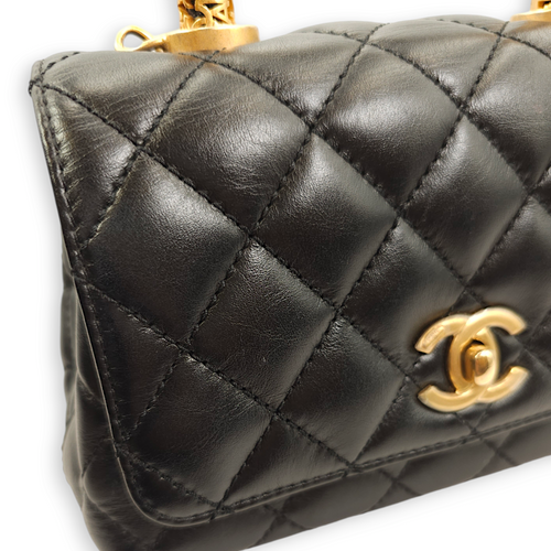 Quilted Coco Mini Black Top Handle Bag in Calfskin, Gold hardware