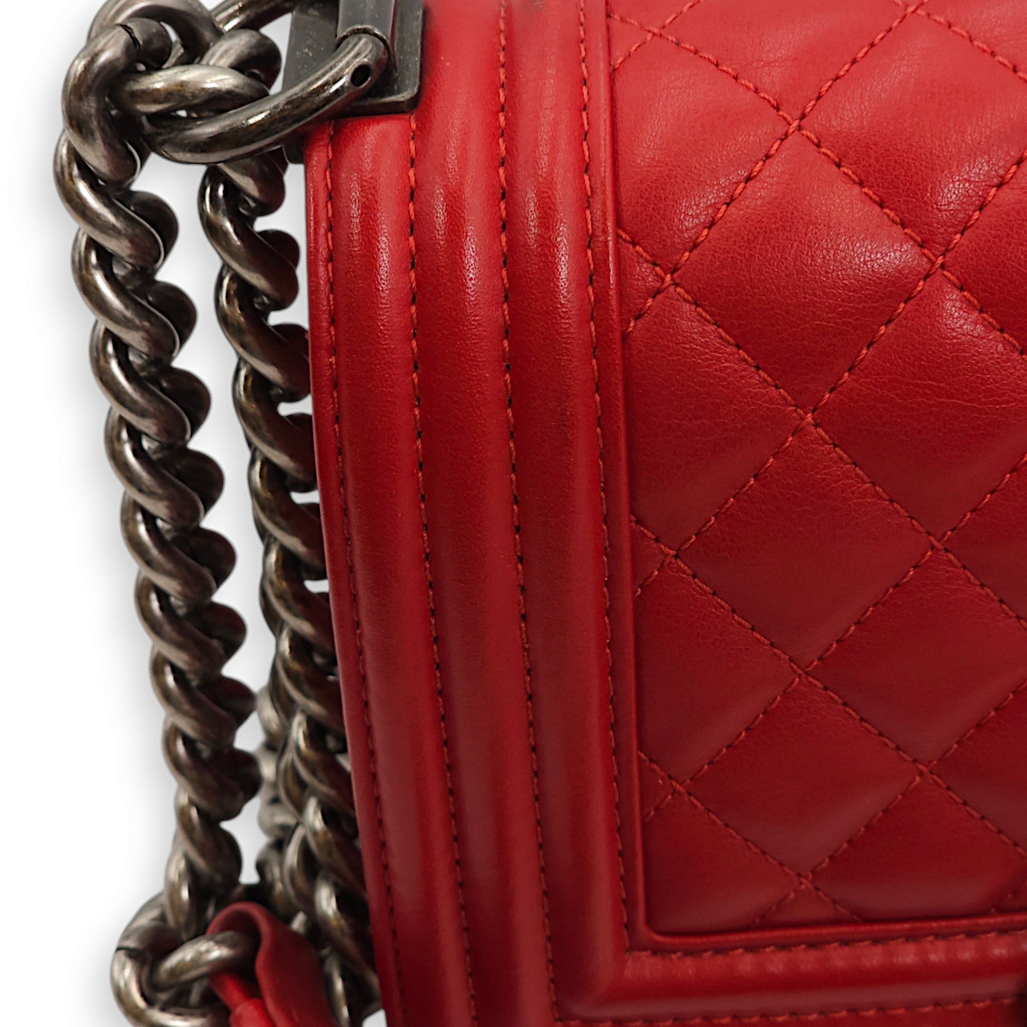 Quilted Le Boy (20cm) Small Red Shoulder Bag in Lambskin, Ruthenium hardware