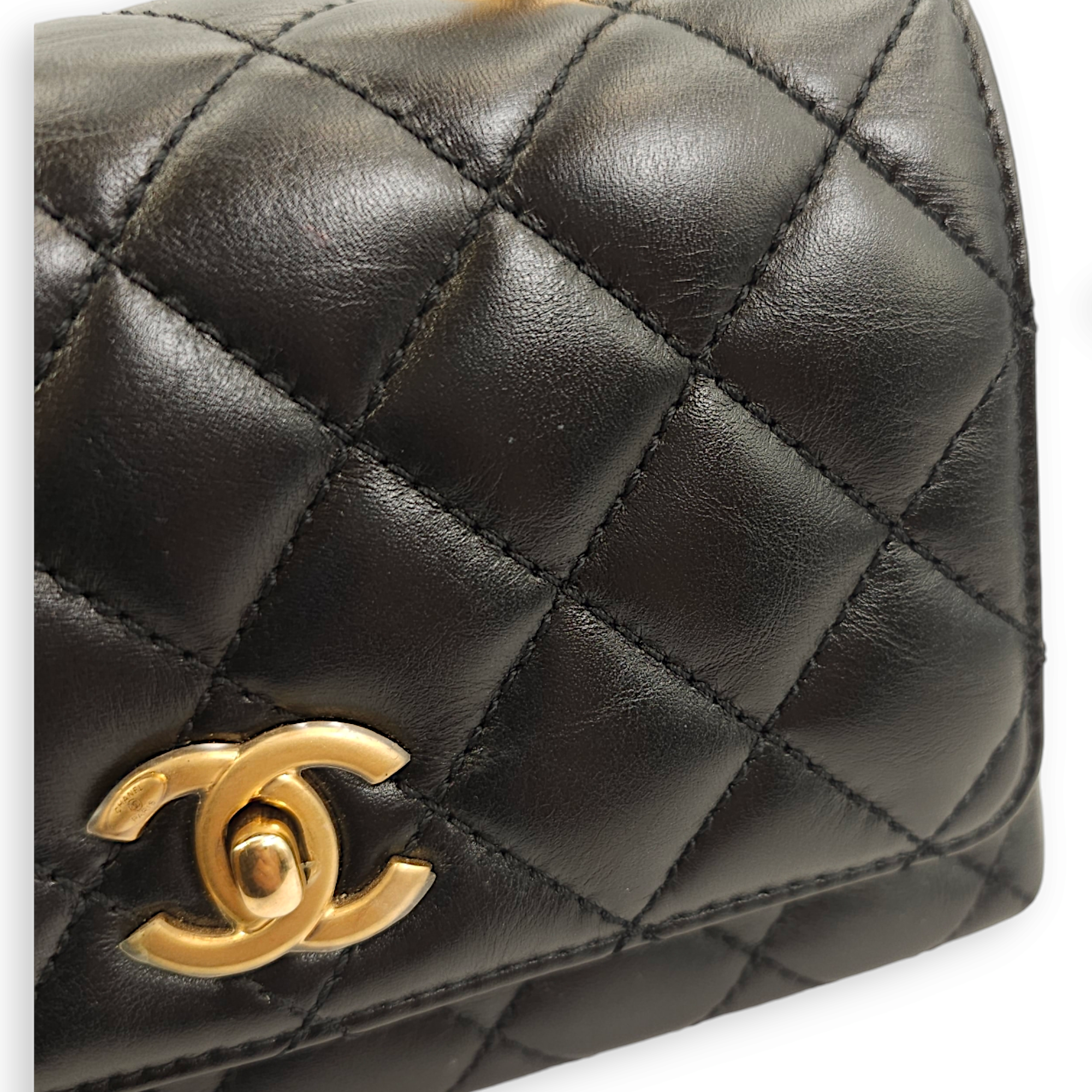 Quilted Coco Mini Black Top Handle Bag in Calfskin, Gold hardware