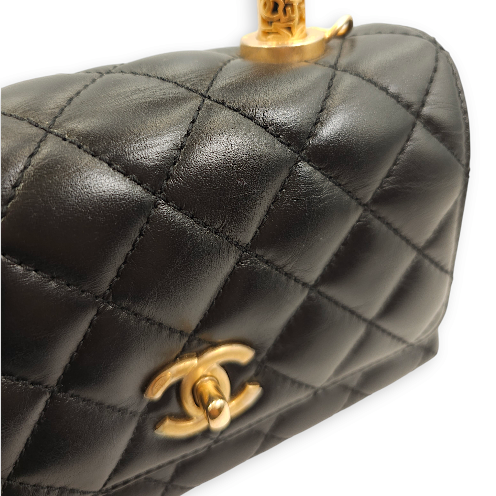 Quilted Coco Mini Black Top Handle Bag in Calfskin, Gold hardware