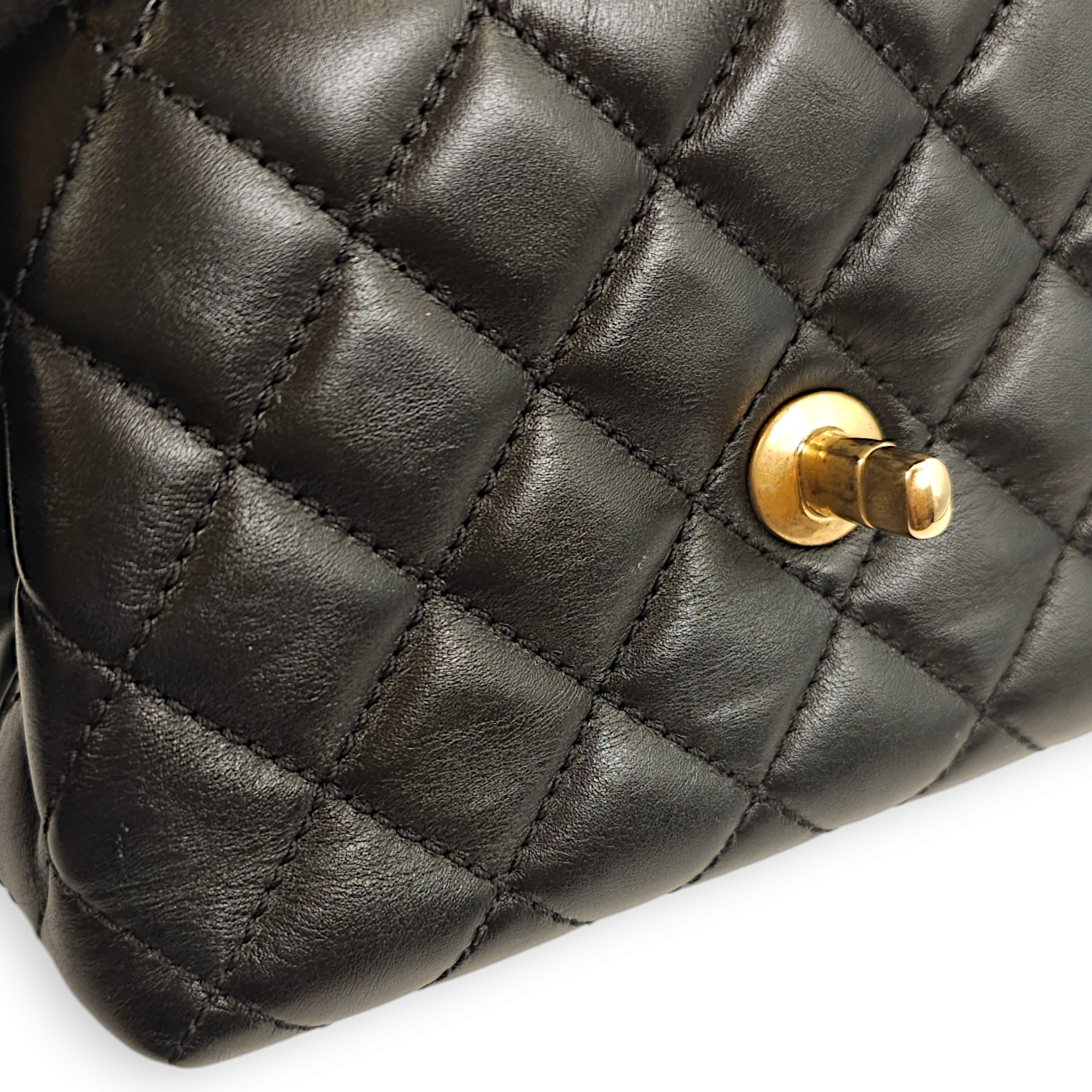 Quilted Coco Mini Black Top Handle Bag in Calfskin, Gold hardware