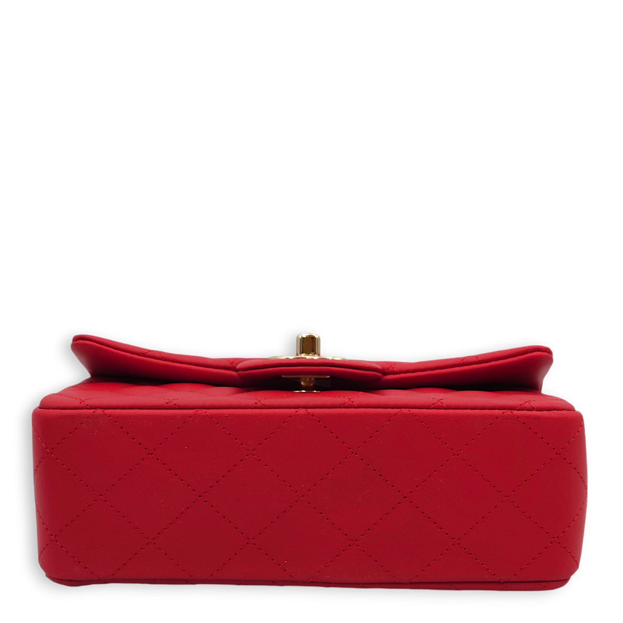 Quilted Rectangle Mini Red Top Handle Bag in Lambskin, Gold hardware