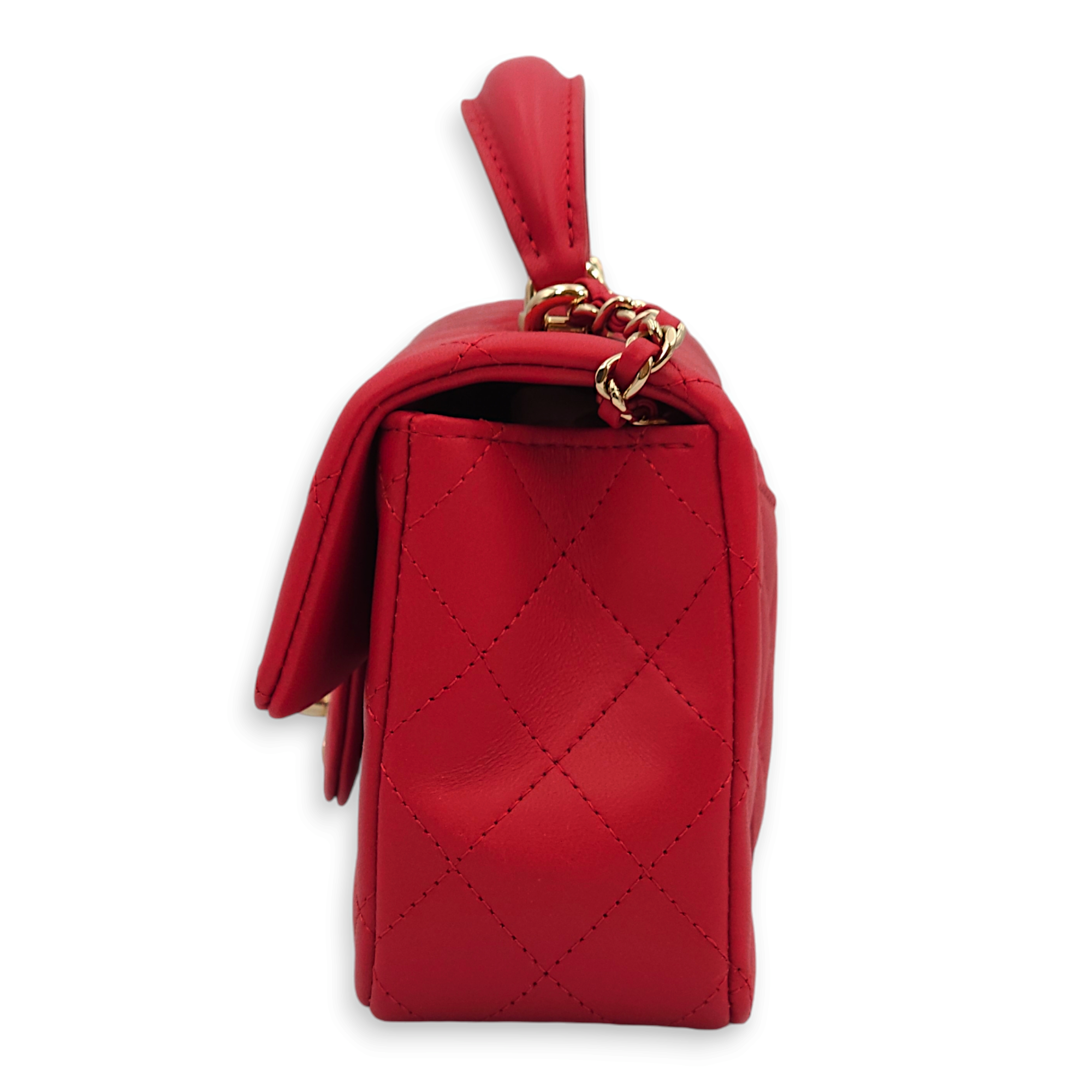 Quilted Rectangle Mini Red Top Handle Bag in Lambskin, Gold hardware