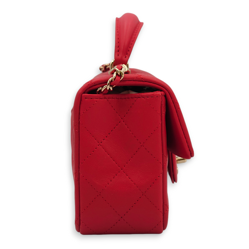 Quilted Rectangle Mini Red Top Handle Bag in Lambskin, Gold hardware