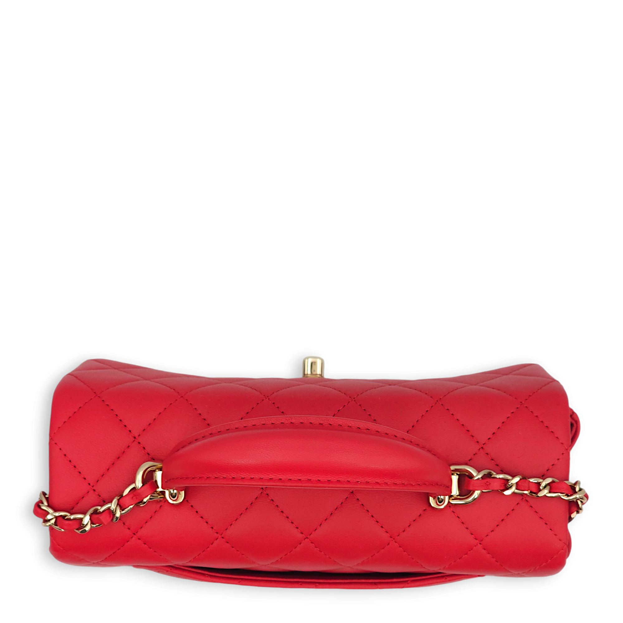 Quilted Rectangle Mini Red Top Handle Bag in Lambskin, Gold hardware