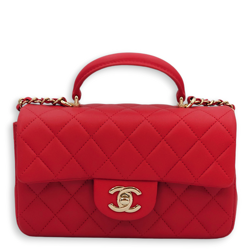 Quilted Rectangle Mini Red Top Handle Bag in Lambskin, Gold hardware